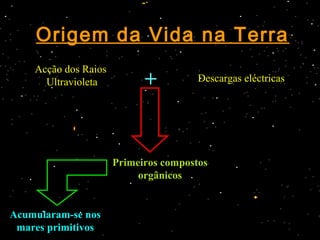 Origem da Vida na TerraOrigem da Vida na Terra
Acção dos Raios
Ultravioleta Descargas eléctricas+
Primeiros compostos
orgânicos
Acumularam-se nos
mares primitivos
 