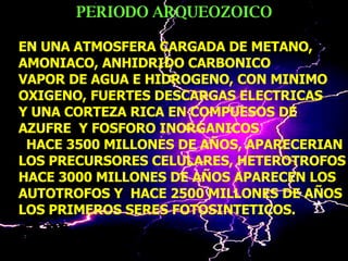 PERIODO ARQUEOZOICO EN UNA ATMOSFERA CARGADA DE METANO, AMONIACO, ANHIDRIDO CARBONICO VAPOR DE AGUA E HIDROGENO, CON MINIMO  OXIGENO, FUERTES DESCARGAS ELECTRICAS  Y UNA CORTEZA RICA EN COMPUESOS DE  AZUFRE  Y FOSFORO INORGANICOS  HACE 3500 MILLONES DE AÑOS, APARECERIAN LOS PRECURSORES CELULARES, HETEROTROFOS HACE 3000 MILLONES DE AÑOS APARECEN LOS AUTOTROFOS Y  HACE 2500 MILLONES DE AÑOS LOS PRIMEROS SERES FOTOSINTETICOS. 