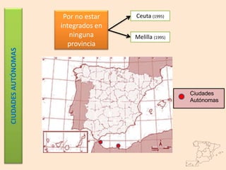 Por no estar   Ceuta (1995)
                     integrados en
                        ninguna      Melilla (1995)
                       provincia
CIUDADES AUTÓNOMAS




                                                      Ciudades
                                                      Autónomas
 
