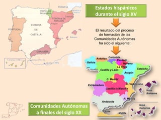Estados hispánicos
                           durante el siglo XV

                           El resultado del proceso
                             de formación de las
                           Comunidades Autónomas
                             ha sido el siguiente:




Comunidades Autónomas
  a finales del siglo XX
 