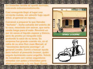 En instantes lavalle se quedó dormido, roncando entusiasmadamente. Casi enseguida llegó al lugar una sirvienta mulata, sin advertir bajo aquél árbol, al general en reposo. Comenzó a preparar lo que llamaba “lechada” : leche extraída del ordeño de la vaca, mezclada con azúcar, que sería usada luego para el mate. Revolvió un par de veces el líquido espeso y blanco, pero de pronto un ronquido más profundo la sacó de su tarea. Su sorpresa fue grande cuando vio, en el catre de su amo Don Juan Manuel, al “mismísimo demonio enemigo”, el general Lavalle. Corrió a buscar ayuda para reducir al presunto invasor, quién seguía durmiendo como angelito. Volvió de inmediato con varios seguidores armados con palos y trinchetes pero afortunadamente a la vez llegó Rosas.  ESTANCIA " LA CALEDONIA" 