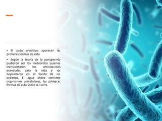 • El caldo primitivo: aparecen las
primeras formas de vida
• Según la teoría de la panspermia
pudieron ser los meteoritos quienes
transportaron los aminoácidos
esenciales para la vida y los
depositaron en el fondo de los
océanos. El agua ahora contiene
organismos unicelulares, las primeras
formas de vida sobre la Tierra.
 