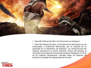 • Hace 66 millones de años: los dinosaurios se extinguen
• Hace 66 millones de años, el reinado de los dinosaurios se vio
amenazado, y finalmente destronado, por el impacto de un
asteroide de 11 kilómetros de diámetro. Las consecuencias del
impacto provocaron la quinta extinción masiva del planeta, la
conocida como extinción masiva del Cretácico-Paleógeno. El 76 %
de las especies desapareció, incluidas todas las especies de
dinosaurio, excepto los antepasados de las aves.
 
