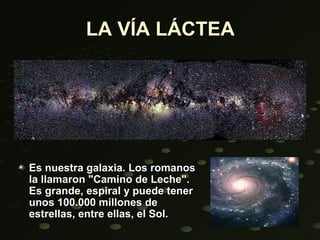 LA VÍA LÁCTEA




Es nuestra galaxia. Los romanos
la llamaron "Camino de Leche".
Es grande, espiral y puede tener
unos 100.000 millones de
estrellas, entre ellas, el Sol.
 