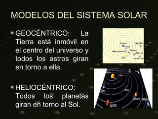 MODELOS DEL SISTEMA SOLAR
GEOCÉNTRICO:         La
Tierra está inmóvil en
el centro del universo y
todos los astros giran
en torno a ella.

HELIOCÉNTRICO:
Todos los planetas
giran en torno al Sol.
 