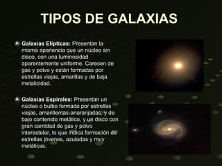 TIPOS DE GALAXIAS
Galaxias Elípticas: Presentan la
misma apariencia que un núcleo sin
disco, con una luminosidad
aparentemente uniforme. Carecen de
gas y polvo y están formadas por
estrellas viejas, amarillas y de baja
metalicidad.

Galaxias Espirales: Presentan un
núcleo o bulbo formado por estrellas
viejas, amarillentas-anaranjadas, y de
bajo contenido metálico, y un disco con
gran cantidad de gas y polvo
interestelar, lo que indica formación de
estrellas jóvenes, azuladas y muy
metálicas.
 