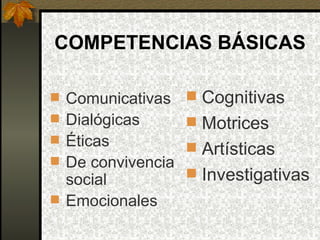 COMPETENCIAS BÁSICAS

 Comunicativas    Cognitivas
 Dialógicas       Motrices
 Éticas
                   Artísticas
...