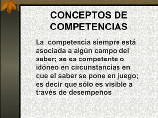 CONCEPTOS DE
    COMPETENCIAS
La competencia siempre está
asociada a algún campo del
saber; se es competente o
idóneo en c...