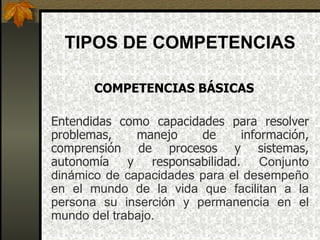 TIPOS DE COMPETENCIAS

       COMPETENCIAS BÁSICAS

Entendidas como capacidades para resolver
problemas,    manejo    de  ...