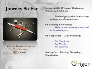 Journey So Far              Started in 2008, 15 Years of Challenges,
                            Pursuits and Solutions

                                    Facilitating experiential marketing
                                and have cut through impact

                            Of Enduring Relationships
                                     Many of our clients have been with
                                us for several years

                            Of a Reputation – Gained with Guts

                                     For Excellence
                                     For Novelty
The world has options, no            For Creativity
     fixed solution,
    WE choose …             Moving On … Creating, Pioneering,
                            Contributing
 