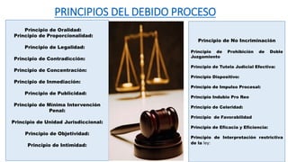 PRINCIPIOS DEL DEBIDO PROCESO
Principio de No Incriminación
Principio de Prohibición de Doble
Juzgamiento
Principio de Tutela Judicial Efectiva:
Principio Dispositivo:
Principio de Impulso Procesal:
Principio Indubio Pro Reo
Principio de Celeridad:
Principio de Favorabilidad
Principio de Eficacia y Eficiencia:
Principio de Interpretación restrictiva
de la ley:
Principio de Oralidad:
Principio de Proporcionalidad:
Principio de Legalidad:
Principio de Contradicción:
Principio de Concentración:
Principio de Inmediación:
Principio de Publicidad:
Principio de Mínima Intervención
Penal:
Principio de Unidad Jurisdiccional:
Principio de Objetividad:
Principio de Intimidad:
 