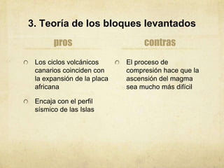 3. Teoría de los bloques levantados
pros
Los ciclos volcánicos
canarios coinciden con
la expansión de la placa
africana
Encaja con el perfil
sísmico de las Islas
contras
El proceso de
compresión hace que la
ascensión del magma
sea mucho más difícil
 