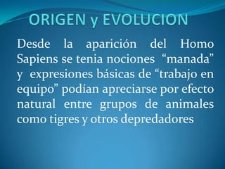 ORIGEN y EVOLUCION Desde la aparición del Homo Sapiens se tenia nociones  “manada” y expresiones básicas de “trabajo en equipo” podían apreciarse por efecto natural entre grupos de animales  como tigres y otros depredadores 