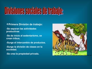 http://www.monografias.com/trabajos36/culturas-ecuador/Image5841.gif Divisiones sociales de trabajo: Primera División de trabajo: -Se separan las actividades productivas -Se da inicio al sedentarismo, se crean tribus. -Surge el intercambio de productos. -Surge la división de clases en la sociedad. -Se crea la propiedad privada. 