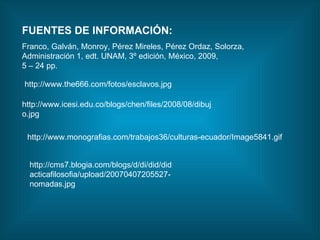 FUENTES DE INFORMACIÓN: Franco, Galván, Monroy, Pérez Mireles, Pérez Ordaz, Solorza, Administración 1, edt. UNAM, 3º edición, México, 2009, 5 – 24 pp.  http://www.the666.com/fotos/esclavos.jpg http://www.icesi.edu.co/blogs/chen/files/2008/08/dibujo.jpg http://www.monografias.com/trabajos36/culturas-ecuador/Image5841.gif http://cms7.blogia.com/blogs/d/di/did/didacticafilosofia/upload/20070407205527-nomadas.jpg 
