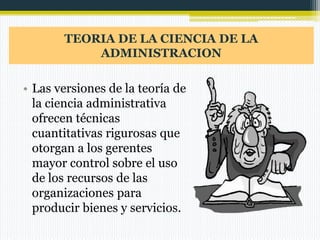 TEORIA DE LA CIENCIA DE LA
ADMINISTRACION

• Las versiones de la teoría de
la ciencia administrativa
ofrecen técnicas
cuantitativas rigurosas que
otorgan a los gerentes
mayor control sobre el uso
de los recursos de las
organizaciones para
producir bienes y servicios.

 
