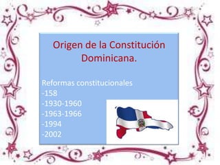 Origen de la Constitución
Dominicana.
Reformas constitucionales
-158
-1930-1960
-1963-1966
-1994
-2002

 
