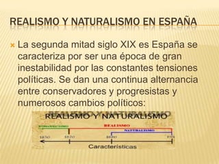 Realismo y naturalismo en españa<br />La segunda mitad siglo XIX es España se caracteriza por ser una época de gran inesta...