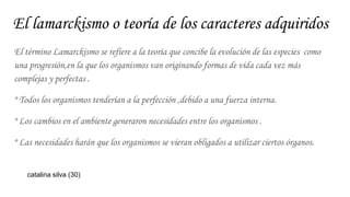 El lamarckismo o teoría de los caracteres adquiridos
El término Lamarckismo se refiere a la teoría que concibe la evolución de las especies como
una progresión,en la que los organismos van originando formas de vida cada vez más
complejas y perfectas .
º Todos los organismos tenderían a la perfección ,debido a una fuerza interna.
º Los cambios en el ambiente generaron necesidades entre los organismos .
º Las necesidades harán que los organismos se vieran obligados a utilizar ciertos órganos.
catalina silva (30)
 