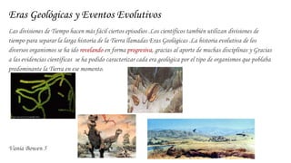 Eras Geológicas y Eventos Evolutivos
Las divisiones de Tiempo hacen más fácil ciertos episodios .Los científicos también utilizan divisiones de
tiempo para separar la larga historia de la Tierra llamadas Eras Geológicas .La historia evolutiva de los
diversos organismos se ha ido revelando en forma progresiva, gracias al aporte de muchas disciplinas y Gracias
a las evidencias científicas se ha podido caracterizar cada era geológica por el tipo de organismos que poblaba
predominante la Tierra en ese momento.
Vania Bowen 5
 