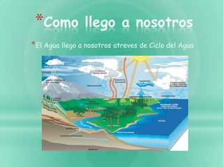 *Como           llego a nosotros
* El Agua llego a nosotros atreves de Ciclo del Agua
 