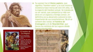  Su sucesor fue el Homo sapiens, que
significa “hombre sabio” y el cual inició su
existencia hace menos de cien mil años, es
la especie del hombre actual. Se trataba de
un ser social, que compartía su vida con
otros en un espacio y tiempo común, en
definitiva es su desarrollo cultural lo más
importante de sus características. De él se
conocen dos ramas: el hombre de
Cromagnon y el de Neanderthal, que
llevan los nombres de los lugares donde
fueron encontrados.
 