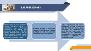 LAS MIGRACIONES
Para buscar nuevos territorios
donde pudiera cazar y
recolectar sus alimentos,
durante la era glacial, que
comenzó hace unos 110 000
años y terminó hace 10 000, el
Homo sapiens emigró desde
África hacia Asia y de ahí al
resto de continentes e islãs.
Mientras llegaba y colonizaba
nuevas zonas, el Homo sapiens
sustituyó al resto de especies
homínidas que aún quedaban.
Estas migraciones se vieron
favorecidas porque, durante la
Era del Hielo, los mares poco
profundos se congelaron, el
nivel del mar bajó unos 120
metros y los estrechos y
archipiélagos continentales e
insulares quedaron sin
cobertura líquida.
 