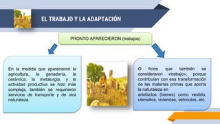 PRONTO APARECIERON (trabajos)
En la medida que aparecieron la
agricultura, la ganadería, la
cerámica, la metalurgia, y la
actividad productiva se hizo más
compleja, también se requirieron
servicios de transporte y de otra
naturaleza.
O ficios que también se
consideraron «trabajo», porque
contribuían con esa transformación
de las materias primas que aporta
la naturaleza en
artefactos (bienes) como vestido,
utensilios, viviendas, vehículos, etc.
EL TRABAJO Y LA ADAPTACIÓN
 