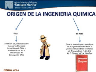 1923
Se titulan los primeros cuatro
Ingenieros Químicos
Industriales de Chile y
Latinoamérica, en la
Universidad de
Concepción, Chile
En 1960
Nace el segundo gran paradigma
de la ingeniería química con la
publicación del libro Fenómenos
de Transporte de R. B. Bird,
W. E. Stewart y E. N. Lightfoot
 