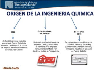 1869
Se fundò la primera industria
química de Puerto Cabello la
empresa Las Llaves S.A, donde
se empezó a elaborar el famoso
jabón azul de Castilla.
Se instala en Puerto Cabello, la
empresa Cindu, y en El Palito
la Refinería de la empresa
norteamericana Mobil, y en
Morón se instala la Petroquímica
En la década de
los años 60
En los años
80-90
Se instala la empresa Minerainca,
Químicas Tromar y Talcos Key
(Corporación American Minerals)
en la zona industrial de La Elvira
en Puerto Cabello.
 