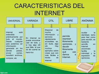 CARACTERISTICAS DEL
INTERNET
UNIVERSAL VARIADA ÚTIL LIBRE
Internet está
extendida
prácticamente por
todo el mundo.
Desde cualquier
país podemos ver
información
generada en los
demás países,
enviar correo,
transferir archivos,
comprar, etc.
En Internet se
puede encontrar
casi de todo, y
si hay algo útil
que falte, el que
se dé cuenta se
hará rico.
Disponer de
mucha
información y
servicios
rápidamente
accesibles es,
sin duda, algo
útil. Hay
muchos
ejemplos sobre
cosas que son
más fáciles a
través de
Internet.
permite
expresar
libremente
opiniones, y
decidir
libremente
qué uso
damos a
Internet.
ANÓNIMA
ocultar la
identidad, tanto
para leer como
para escribir, es
bastante
sencillo en
Internet
anonimato
facilita la
intimidad y la
expresión de
opiniones.
 