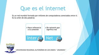 UNIVERSIDAD REGIONAL AUTONÓMA DE LOS ANDES ´´UNIANDES´´
• Hace referencia
a la conexión
Inter
• De network que
significa red
Net
Que es el internet
Es un red mundial formada por millones de computadoras conectados entre sí.
Es la unión de dos palabras
 