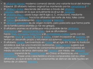 • El alfabeto hebreo moderno comenzó siendo una variante local del Arameo
  Imperial. (El alfabeto hebreo original fue mantenido por los samaritanos.)7 8
• El alfabeto árabe desciende del arameo a través del alfabeto
  nabateo utilizado en lo que actualmente es el sur de Jordania.
• El alfabeto siríaco usado luego del III siglo a. C. evolucionó, mediante
  el pahlavi y sogdiano, hacia los alfabetos del norte de Asia, tales como
  el Orkhon(probablemente), uigur, mongol y manchú.
• El alfabeto georgiano es de origen incierto, pero parecería que forma parte
  de la familia persa-arameo (o tal vez griega).
• El alfabeto arameo es el antecesor más probable de los alfabetos
  brahámicos del subcontinente indio, que se difundieron
  hacia Tíbet, Mongolia, Indochina y el archipiélago malayo junto con las
  religiones hindú y budista. (China y Japón, si bien incorporan el budismo, ya
  tenían un desarrollo propio y retuvieron sus sistemas logográfico y silábico.)
• El alfabeto hangul fue inventado en Corea en el siglo XV. Si bien la tradición
  establece que fue una invención autónoma, Gari Ledyard sugiere que
  algunas partes de su sistema de consonantes podrían estar basadas en
  media docena de letras derivadas del tibetano por medio del alfabeto
  phagspa imperial de ladinastía Yuan en China; el tibetano es una escritura
  brahámica. Posee unas característica únicas comparadas con los otros
  alfabetos, ya que el resto de las consonantes se derivan de este núcleo en
  forma de un sistema distintivo.
 