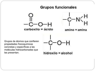 Grupos de átomos que confieren
propiedades físicoquimicas
concretas y específicas a las
moléculas hidrocarbonadas que
las presentan.
 