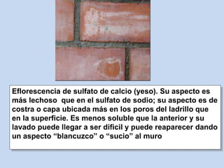 Eflorescencia de sulfato de calcio (yeso). Su aspecto es
más lechoso que en el sulfato de sodio; su aspecto es de
costra o capa ubicada más en los poros del ladrillo que
en la superficie. Es menos soluble que la anterior y su
lavado puede llegar a ser dificil y puede reaparecer dando
un aspecto “blancuzco” o “sucio” al muro
 
