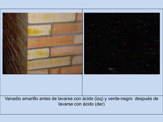 Vanadio amarillo antes de lavarse con ácido (izq) y verde-negro después de
lavarse con ácido (der)
 