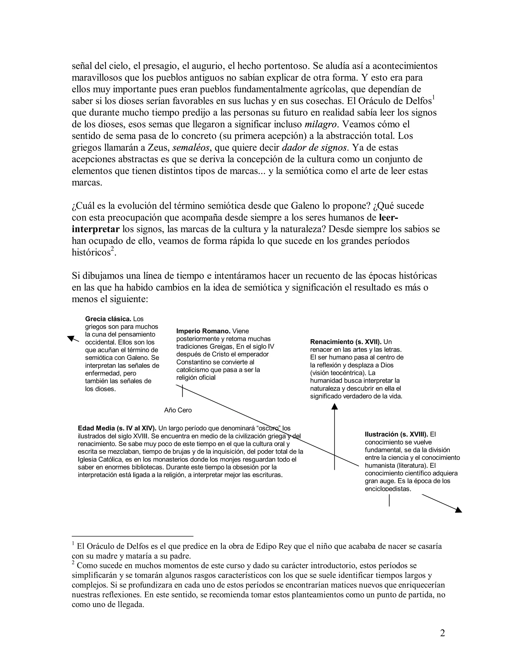 señal del cielo, el presagio, el augurio, el hecho portentoso. Se aludía así a acontecimientos
maravillosos que los pueblos antiguos no sabían explicar de otra forma. Y esto era para
ellos muy importante pues eran pueblos fundamentalmente agrícolas, que dependían de
saber si los dioses serían favorables en sus luchas y en sus cosechas. El Oráculo de Delfos1
que durante mucho tiempo predijo a las personas su futuro en realidad sabía leer los signos
de los dioses, esos semas que llegaron a significar incluso milagro. Veamos cómo el
sentido de sema pasa de lo concreto (su primera acepción) a la abstracción total. Los
griegos llamarán a Zeus, semaléos, que quiere decir dador de signos. Ya de estas
acepciones abstractas es que se deriva la concepción de la cultura como un conjunto de
elementos que tienen distintos tipos de marcas... y la semiótica como el arte de leer estas
marcas.

¿Cuál es la evolución del término semiótica desde que Galeno lo propone? ¿Qué sucede
con esta preocupación que acompaña desde siempre a los seres humanos de leer-
interpretar los signos, las marcas de la cultura y la naturaleza? Desde siempre los sabios se
han ocupado de ello, veamos de forma rápida lo que sucede en los grandes períodos
históricos2.

Si dibujamos una línea de tiempo e intentáramos hacer un recuento de las épocas históricas
en las que ha habido cambios en la idea de semiótica y significación el resultado es más o
menos el siguiente:
      Grecia clásica. Los
      griegos son para muchos
      la cuna del pensamiento          Imperio Romano. Viene
                                       posteriormente y retoma muchas                   Renacimiento (s. XVII). Un
      occidental. Ellos son los
                                       tradiciones Greigas, En el siglo IV              renacer en las artes y las letras.
      que acuñan el término de
                                       después de Cristo el emperador                   El ser humano pasa al centro de
      semiótica con Galeno. Se
                                       Constantino se convierte al                      la reflexión y desplaza a Dios
      interpretan las señales de
                                       catolicismo que pasa a ser la                    (visión teocéntrica). La
      enfermedad, pero
                                       religión oficial                                 humanidad busca interpretar la
      también las señales de
      los dioses.                                                                       naturaleza y descubrir en ella el
                                                                                        significado verdadero de la vida.

                                   Año Cero

    Edad Media (s. IV al XIV). Un largo período que denominará “oscuro” los
    ilustrados del siglo XVIII. Se encuentra en medio de la civilización griega y del                      Ilustración (s. XVIII). El
    renacimiento. Se sabe muy poco de este tiempo en el que la cultura oral y                              conocimiento se vuelve
    escrita se mezclaban, tiempo de brujas y de la inquisición, del poder total de la                      fundamental, se da la división
    Iglesia Católica, es en los monasterios donde los monjes resguardan todo el                            entre la ciencia y el conocimiento
    saber en enormes bibliotecas. Durante este tiempo la obsesión por la                                   humanista (literatura). El
    interpretación está ligada a la religión, a interpretar mejor las escrituras.                          conocimiento científico adquiera
                                                                                                           gran auge. Es la época de los
                                                                                                           enciclopedistas.




1
  El Oráculo de Delfos es el que predice en la obra de Edipo Rey que el niño que acababa de nacer se casaría
con su madre y mataría a su padre.
2
  Como sucede en muchos momentos de este curso y dado su carácter introductorio, estos períodos se
simplificarán y se tomarán algunos rasgos característicos con los que se suele identificar tiempos largos y
complejos. Si se profundizara en cada uno de estos períodos se encontrarían matices nuevos que enriquecerían
nuestras reflexiones. En este sentido, se recomienda tomar estos planteamientos como un punto de partida, no
como uno de llegada.


                                                                                                                                     2
 