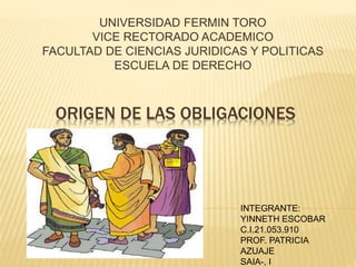 ORIGEN DE LAS OBLIGACIONES
UNIVERSIDAD FERMIN TORO
VICE RECTORADO ACADEMICO
FACULTAD DE CIENCIAS JURIDICAS Y POLITICAS
ESCUELA DE DERECHO
INTEGRANTE:
YINNETH ESCOBAR
C.I.21.053.910
PROF. PATRICIA
AZUAJE
SAIA-, I
 