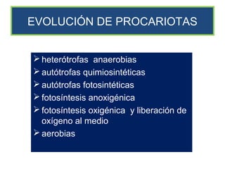 EVOLUCIÓN DE PROCARIOTAS


 heterótrofas anaerobias
 autótrofas quimiosintéticas
 autótrofas fotosintéticas
 fotosíntesis anoxigénica
 fotosíntesis oxigénica y liberación de
  oxígeno al medio
 aerobias
 