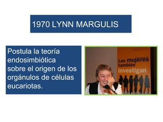 1970 LYNN MARGULIS


Postula la teoría
endosimbiótica
sobre el origen de los
orgánulos de células
eucariotas.
 