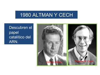 1980 ALTMAN Y CECH

Descubren el
papel
catalítico del
ARN.




                 Sidney Altman   Thomas R. Cech
 
