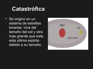 Catastrófica
• Se origino en un
sistema de estrellas
binarias. Una del
tamaño del sol y otra
mas grande que este,
esta ultima explota
debido a su tamaño.
 