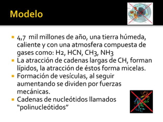 Modelo4,7  mil millones de año, una tierra húmeda, caliente y con una atmosfera compuesta de gases como: H2, HCN, CH3, NH3La atracción de cadenas largas de CH, forman lípidos, la atracción de éstos forma micelas.Formación de vesículas, al seguir aumentando se dividen por fuerzas mecánicas.Cadenas de nucleótidos llamados “polinucleótidos”