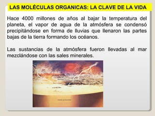 LAS MOLÉCULAS ORGANICAS: LA CLAVE DE LA VIDA

Hace 4000 millones de años al bajar la temperatura del
planeta, el vapor de agua de la atmósfera se condensó
precipitándose en forma de lluvias que llenaron las partes
bajas de la tierra formando los océanos.

Las sustancias de la atmósfera fueron llevadas al mar
mezclándose con las sales minerales.
 
