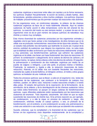 26
sustancias orgánicas a reaccionar entre ellas con rapidez y en la forma necesaria,
los químicos emplean frecuentemente la acción de ácidos y álcalis fuertes, altas
temperaturas, grandes presiones y otros muchos análogos. Los químicos disponen
de múltiples procedimientos que les permiten realizar las reacciones más disímiles.
En los organismos vivos, en condiciones naturales, la síntesis de las diversas
sustancias orgánicas se hace de un modo totalmente diferente. Aquí no existen
sustancias de fuerte acción ni altas temperaturas como las del arsenal de los
químicos. La reacción del medio es casi siempre neutral, y a pesar de eso en los
organismos vivos se da un gran número de cuerpos químicos de naturaleza muy
distinta y a veces muy complejos.
Esta misma diversidad de sustancias producidas por los organismos animales y
vegetales era lo que hacía pensar a los investigadores de otros tiempos que en la
célula viva se producían numerosísimas reacciones de los tipos más variados. Pero
un estudio más profundo nos demuestra que realmente no ocurre así. A pesar de la
enorme cantidad de sustancias que integran los organismos vivos, no cabe duda
que la totalidad de ellas se formaron por medio de reacciones relativamente simples
y muy parecidas. Las transformaciones químicas que sufrieron las sustancias
orgánicas en la célula viva tienen por base fundamental tres tipos de reacciones. El
primero: la condensación o alargamiento de la cadena de átomos de carbono y el
proceso inverso, la ruptura de los enlaces entre dos átomos de carbono. El segundo:
la polimerización o combinación de dos moléculas orgánicas por medio de un
puente de oxígeno o nitrógeno, y por otra parte, el proceso inverso o hidrólisis.
Finalmente, la oxidación y, ligada a ella, la reducción (reacciones de óxido-
reducción). Además, en la célula viva son bastante frecuentes las reacciones,
mediante las cuales el ácido fosfórico, el nitrógeno amínico, el metilo y otros grupos
químicos se trasladan de una molécula a otra.
Todos los procesos químicos que se llevan a cabo en el organismo vivo, todas las
mutaciones de las sustancias, que conducen a la formación de cuerpos muy
distintos, pueden, en último caso, reducirse a estas reacciones simples o a todas
ellas juntas. El estudio del quimismo de la respiración, de la fermentación, de la
asimilación, de la síntesis y de la desintegración de las diversas sustancias indica
que todos estos fenómenos se apoyan en largas cadenas de transformaciones
químicas, cuyos diferentes eslabones están representados por las reacciones que
acabamos de enumerar. Todo depende, únicamente, del orden en que se vayan
sucediendo las reacciones de distinto tipo. Si la primera reacción es, por ejemplo,
de condensación, y a ella le sigue un proceso de oxidación y, luego, otra
condensación, entonces resulta un cuerpo químico, o sea, un producto de la
transformación; por el contrario, si a la condensación se aúna una polimerización y
a ésta una oxidación o una reducción, no cabe duda que se obtendrá otra sustancia.
Sucede, entonces, que la complejidad y la diversidad de las sustancias que se
forman en los organismos vivos dependen exclusivamente de la complejidad y
 