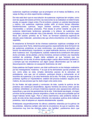 28
sustancias orgánicas complejas que se produjeron en el matraz de Bútlerov, en la
vasija de Baj y en otros experimentos análogos.
De más está decir que en esa solución de sustancias orgánicas tan simples, como
eran las aguas del océano primitivo, las reacciones no se realizaban en determinada
escala, no seguían ningún orden. Por el contrario, poseían un carácter desordenado
y caótico. Las sustancias orgánicas podían sufrir al mismo tiempo diferentes
transformaciones químicas, seguir distintos caminos químicos, originando
innumerables y variados productos. Pero desde el primer instante se pone en
evidencia determinada tendencias generales a la síntesis de sustancias más
complejas y de peso molecular más y más elevado. Así se explica que en las aguas
tibias del océano primitivo de la Tierra se formaran sustancias orgánicas de
elevado peso molecular, parecidas a las que ahora encontramos en los animales y
vegetales.
Si estudiamos la formación de las diversas sustancias orgánicas complejas en la
capa acuosa de la Tierra, debemos preocuparnos especialmente de la formación de
las sustancias proteínicas en esas condiciones. Las proteínas desempeñan una
función de extraordinaria importancia, un papel realmente decisivo, en la formación
de la “sustancia viva”. El protoplasma, sustrato material de la constitución del cuerpo
de los animales, de las plantas y de los microbios, siempre contiene una importante
cantidad de proteínas. Engels había señalado ya que “siempre que nos
encontramos con la vida, la vemos ligada a algún cuerpo albuminoideo (proteínico),
y siempre que nos encontramos con algún cuerpo albuminoideo que no esté en
descomposición, hallamos sin excepción fenómenos de vida”.
Estas palabras de Engels tuvieron una total confirmación en los trabajos realizados
por los investigadores modernos. Y es que se ha demostrado que las proteínas no
son, como antes se creía, simples elementos pasivos de la estructura del
protoplasma, sino que, por el contrario, participan directa y activamente en el
recambio de sustancias y en otros fenómenos de la vida. Por tanto, el origen de las
proteínas significa un importantísimo eslabón del proceso evolutivo seguido por la
materia, de ese proceso que ha dado origen a los seres vivos.
En los finales del siglo pasado y comienzos de éste, cuando la química de las
proteínas aún estaba por desarrollarse, algunos hombres de ciencia creían que las
proteínas entrañaban un principio misterioso especial, unas agrupaciones atómicas
específicas y que eran las generadoras de la vida. Visto desde ese ángulo, el origen
primitivo de las proteínas parecía enigmático y hasta se creía poco probable que tal
origen hubiese tenido lugar. Pero si ahora examinamos este problema desde el
punto de vista de las ideas actuales referente a la naturaleza química de la molécula
proteínica, todo él adquiere un aspecto absolutamente opuesto.
Sintetizando esquemáticamente los últimos adelantos obtenidos por la química de
las proteínas, debemos señalar ante todo la circunstancia de que en nuestros días
conocemos muy bien las distintas partes –los “ladrillos”, pudiéramos decir- que
 