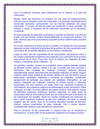 36
cómo la sustancia colorante pasa rápidamente de la solución a la gota del
coacervado.
Muchas veces ese fenómeno se complica con una serie de transformaciones
químicas que se producen dentro del coacervado. Las partículas absorbidas por el
coacervado reaccionan químicamente con las mismas sustancias del propio
coacervado. Y a causa de esto las gotas del coacervado a veces aumentan de
volumen y crecen a expensas de las sustancias absorbidas por él del líquido
circundante.
En esas ocasiones no solamente se produce un aumento de volumen y de peso de
la gota, sino que también cambia considerablemente su composición química. Por
tanto, notamos que en los coacervados se pueden producir determinados procesos
químicos.
Es de vital importancia el hecho de que el carácter y la rapidez de esos procesos
dependan en gran medida de la estructura físico-química de dicho coacervado, para
que puedan ser de distinta naturaleza en los diversos coacervados.
Luego de haber visto las propiedades de los coacervados, retrocedamos ahora a
los cuerpos proteinoides de elevado peso molecular que se formaron en la primitiva
capa acuosa de la Tierra. Pues bien, como ya dijimos, las moléculas de estos
cuerpos, a semejanza de las moléculas de
las proteínas actuales, poseían en su superficie varias cadenas laterales dotadas
de diferente función química, debido a lo cual, a medida que iban creciendo y
haciéndose más complejas las “proteínas primitivas”, debieron aparecer
ineludiblemente nuevas relaciones entre las diversas moléculas. En efecto, ninguna
molécula podía existir aislada de las demás, debido a lo cual fue forzoso que se
estructuraran verdaderos enjambres o montones de moléculas, complicadas
agrupaciones de partículas que poseían una naturaleza heterogénea, ya que
estaban integradas por moléculas proteicas de distinto tamaño y diferentes
propiedades. De aquí apareció, sin duda, como una necesidad imperiosa la
concentración de la sustancia orgánica en determinados puntos del espacio. Antes
o después, en este o en el otro extremo del océano primitivo, de la solución acuosa
de diferentes sustancias proteínicas, debieron separarse, sin duda, gotas de
coacervados. Mas ya vimos anteriormente que las condiciones para la formación de
los coacervados son sencillas. Basta con mezclar simplemente las soluciones de
dos o varias sustancias orgánicas de alto peso molecular. Por tanto, es posible
asegurar que tan pronto como en la primitiva hidrosfera terrestre se formaron
diversos cuerpos proteinoides de peso molecular más o menos elevado,
inmediatamente debieron surgir también los coacervados.
Para la formación de los coacervados ni siquiera pudo ser un obstáculo la
concentración, un tanto débil, de las sustancias orgánicas en el océano primitivo.
 