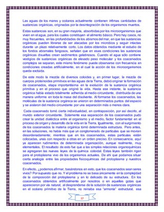 37
Las aguas de los mares y océanos actualmente contienen ínfimas cantidades de
sustancias orgánicas, originadas por la desintegración de los organismos muertos.
Estas sustancias son, en su gran mayoría, absorbidas por los microorganismos que
viven en el agua, para los cuales constituyen el alimento básico. Pero hay casos, no
muy frecuentes, en las profundidades de los abismos del mar, en que las sustancias
orgánicas pueden librarse de ser atacadas por los microbios y seguir intactas
durante un plazo relativamente corto. Los datos obtenidos mediante el estudio de
los fondos abismales fangosos, señalan que en esas condiciones las sustancias
orgánicas disueltas crean sedimentos gelatinosos. Cuando el agua sólo contiene
vestigios de sustancias orgánicas de elevado peso molecular y los coacervados
complejos se separan, este mismo fenómeno puede observarse con frecuencia en
condiciones creadas artificialmente, en el cual la acción de los microorganismos
queda excluida.
De este modo la mezcla de diversos coloides y, en primer lugar, la mezcla de
cuerpos proteinoides primitivos en las aguas de la Tierra, debió originar la formación
de coacervados, etapa importantísima en la evolución de la sustancia orgánica
primitiva y en el proceso que originó la vida. Hasta ese instante, la sustancia
orgánica había estado totalmente adherida al medio circundante, distribuida de una
manera uniforme en toda la masa del disolvente. Al formarse los coacervados, las
moléculas de la sustancia orgánica se unieron en determinados puntos del espacio
y se aislaron del medio circundante por una separación más o menos clara.
Cada coacervado tomó cierta individualidad, en contraposición, por así decirlo, al
mundo exterior circundante. Solamente esa separación de los coacervados pudo
crear la unidad dialéctica entre el organismo y el medio, factor fundamental en el
proceso de origen y desarrollo de la vida en la Tierra. Igualmente, con el surgimiento
de los coacervados la materia orgánica tomó determinada estructura. Pero antes,
en las soluciones, no había más que un conglomerado de partículas que se movían
desordenadamente; mientras que en los coacervados, estas partículas están
colocadas, unas con respecto a otras en un orden preciso. En consecuencia, aquí
ya aparecen rudimentos de determinada organización, aunque realmente, muy
elementales. El resultado de esto fue que a las simples relaciones organoquímicas
se agregaran las nuevas leyes de la química coloidal. Estas leyes también rigen
para el protoplasma vivo de los organismos actuales. De ahí que podamos situar
cierta analogía entre las propiedades fisicoquímicas del protoplasma y nuestros
coacervados.
En efecto, ¿podemos afirmar, basándonos en esto, que los coacervados sean seres
vivos? Por supuesto que no. Y el problema no se basa únicamente en la complejidad
de la composición del protoplasma y en lo delicado de su estructura. En los
coacervados obtenidos artificialmente por nosotros o en aquellas gotas que
aparecieron por vía natural, al desprenderse de la solución de sustancias orgánicas
en el océano primitivo de la Tierra, no reinaba esa “armonía” estructural, esa
 