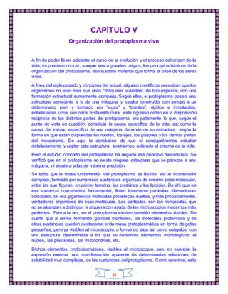 39
CAPÍTULO V
Organización del protoplasma vivo
A fin de poder llevar adelante el curso de la evolución y el proceso del origen de la
vida, es preciso conocer, aunque sea a grandes rasgos, los principios básicos de la
organización del protoplasma, ese sustrato material que forma la base de los seres
vivos.
A fines del siglo pasado y principios del actual, algunos científicos pensaban que los
organismos no eran más que unas “máquinas vivientes” de tipo especial, con una
formación estructural sumamente compleja. Según ellos, el protoplasma poseía una
estructura semejante a la de una máquina y estaba construido con arreglo a un
determinado plan y formado por “vigas” y “tirantes”, rígidos e inmutables,
entrelazados unos con otros. Esta estructura, este riguroso orden en la disposición
recíproca de las distintas partes del protoplasma, era justamente lo que, según el
punto de vista en cuestión, constituía la causa específica de la vida, así como la
causa del trabajo específico de una máquina depende de su estructura, según la
forma en que están dispuestas las ruedas, los ejes, los pistones y las demás partes
del mecanismo. De aquí la conclusión de que si consiguiéramos estudiar
detalladamente y captar esta estructura, tendríamos aclarado el enigma de la vida.
Pero el estudio concreto del protoplasma ha negado ese principio mecanicista. Se
verificó que en el protoplasma no existe ninguna estructura que se parezca a una
máquina, ni siquiera a las de máxima precisión.
Se sabe que la masa fundamental del protoplasma es líquida; es un coacervado
complejo, formado por numerosas sustancias orgánicas de enorme peso molecular,
entre las que figuran, en primer término, las proteínas y los lipoides. De ahí que en
esa sustancia coacervática fundamental, floten libremente partículas filamentosas
coloidales, tal vez gigantescas moléculas proteínicas sueltas, y más probablemente,
verdaderos enjambres de esas moléculas. Las partículas son tan minúsculas que
no se alcanzan a distinguir ni siquiera con ayuda de los microscopios modernos más
perfectos. Pero a la vez, en el protoplasma existen también elementos visibles. De
suerte que al unirse formando grandes montones, las moléculas proteínicas y de
otras sustancias pueden destacarse en la masa protoplasmática en forma de gotas
pequeñas, pero ya visibles al microscopio, o formando algo así como coágulos, con
una estructura determinada a los que se denomina elementos morfológicos: el
núcleo, las plastídulas, las mitocondrias, etc.
Dichos elementos protoplasmáticos, visibles al microscopio, son, en esencia, la
expresión externa, una manifestación aparente de determinadas relaciones de
solubilidad muy complejas, de las sustancias del protoplasma. Como veremos, esta
 