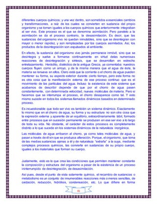 41
diferentes cuerpos químicos; y una vez dentro, son sometidos a esenciales cambios
y transformaciones, a raíz de los cuales se convierten en sustancia del propio
organismo y se tornan iguales a los cuerpos químicos que anteriormente integraban
al ser vivo. Este proceso es el que se denomina asimilación. Pero paralelo a la
asimilación se da el proceso contrario, la desasimilación. Es decir, que las
sustancias del organismo vivo no quedan inmutables, sino que se desintegran con
mayor o menor rapidez, y son remplazadas por los cuerpos asimilados. Así, los
productos de la desintegración son expulsados al ambiente.
En efecto, la sustancia del organismo vivo jamás permanece inmóvil, sino que se
desintegra y vuelve a formarse continuamente en virtud delas numerosas
reacciones de desintegración y síntesis, que se desarrollan en estrecho
entrelazamiento. Heráclito, dialéctico de la antigua Grecia, ya comentaba: nuestros
cuerpos fluyen como un arroyo, y de la misma manera que el agua de éste, la
materia se renueva en ellos. Claro está que la corriente o el chorro de agua pueden
mantener su forma, su aspecto exterior durante cierto tiempo, pero esta forma no
es otra cosa que la manifestación externa de ese proceso continuo que es el
movimiento de las partículas del agua. Incluso la existencia de este sistema que
acabamos de describir depende de que por el chorro de agua pasen
constantemente, con determinada velocidad, nuevas moléculas de materia. Pero si
hacemos que se interrumpa el proceso, el chorro desaparece como tal. Y esto
mismo sucede en todos los sistemas llamados dinámicos basados en determinado
proceso.
Es incuestionable que todo ser vivo es también un sistema dinámico. Exactamente
lo mismo que en el chorro de agua, su forma y su estructura no son otra cosa que
la expresión externa y aparente de un equilibrio, extraordinariamente lábil, formado
entre procesos que en sucesión permanente se producen en ese ser vivo a lo largo
de toda su vida. No obstante, el carácter de estos procesos es completamente
distinto a lo que sucede en los sistemas dinámicos de la naturaleza inorgánica.
Las moléculas de agua arribaron al chorro, ya como tales moléculas de agua, y
pasan a través de él sin que se produzca alteración. Porque, el organismo, que toma
de las medias sustancias ajenas a él y de naturaleza “extraña” a la suya, mediante
complejos procesos químicos, las convierte en sustancias de su propio cuerpo,
iguales a los materiales que forman su cuerpo.
Justamente, esto es lo que crea las condiciones que permiten mantener constante
la composición y estructura del organismo a pesar de la existencia de un proceso
ininterrumpido de desintegración, de desasimilación.
Así pues, desde el punto de vista solamente químico, el recambio de sustancias o
metabolismo es un conjunto de innumerables reacciones más o menos sencillas, de
oxidación, reducción, hidrólisis, condensación, etc. Lo que difiere en forma
 